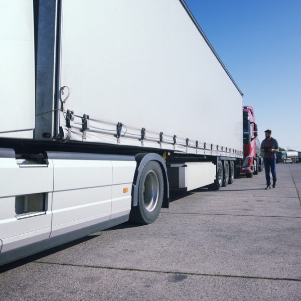 Truck driver inspecting truck long vehicle before driving. Truck driver inspecting truck long vehicle before driving.